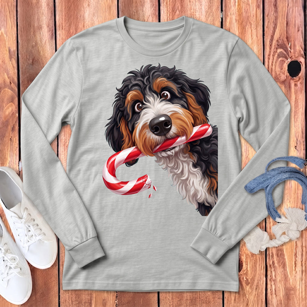 Bernedoodle Candy Cane Thief Long Sleeve T-Shirt in Athletic Heather / S by Puppy Jo