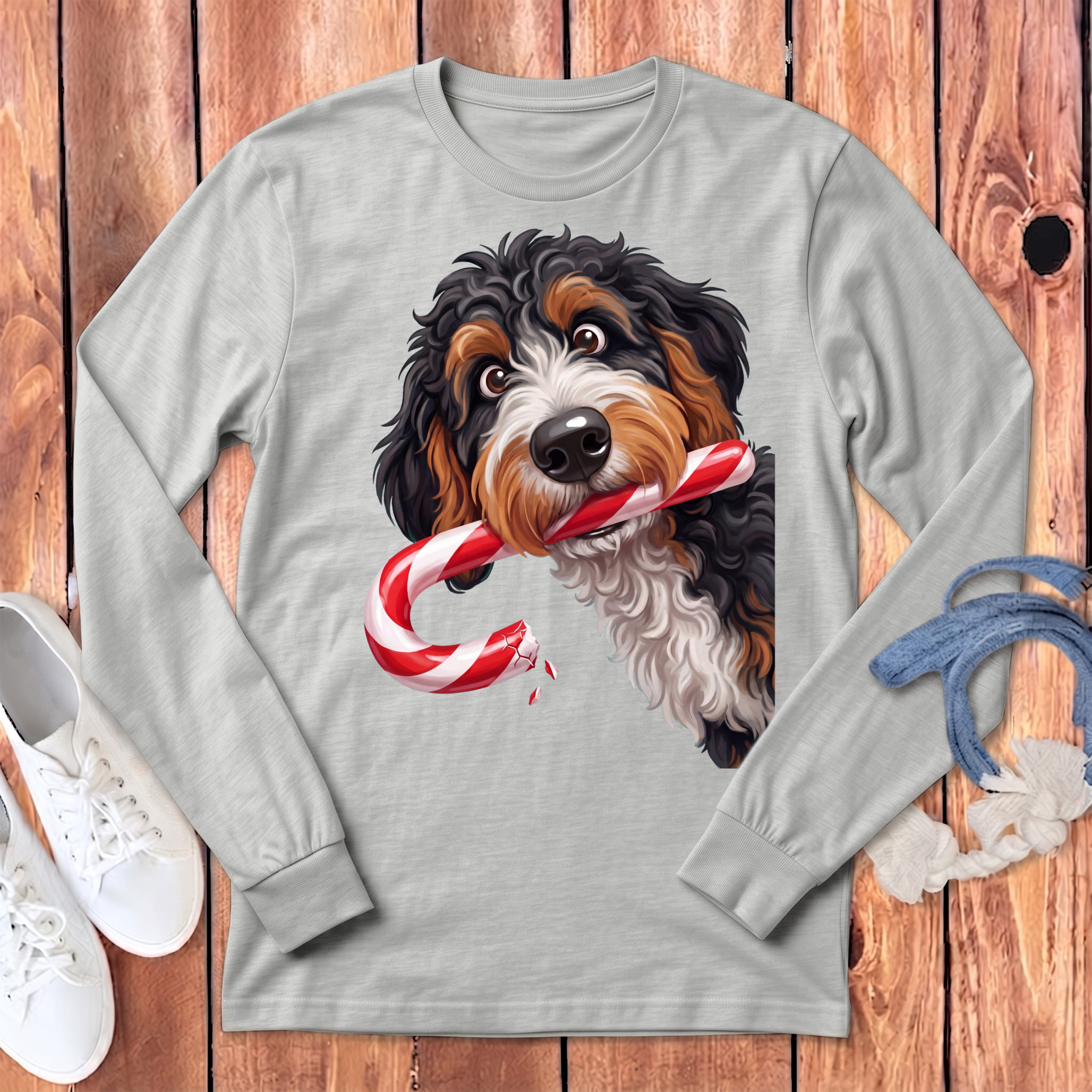 Bernedoodle Candy Cane Thief Long Sleeve T-Shirt in Athletic Heather / S by Puppy Jo