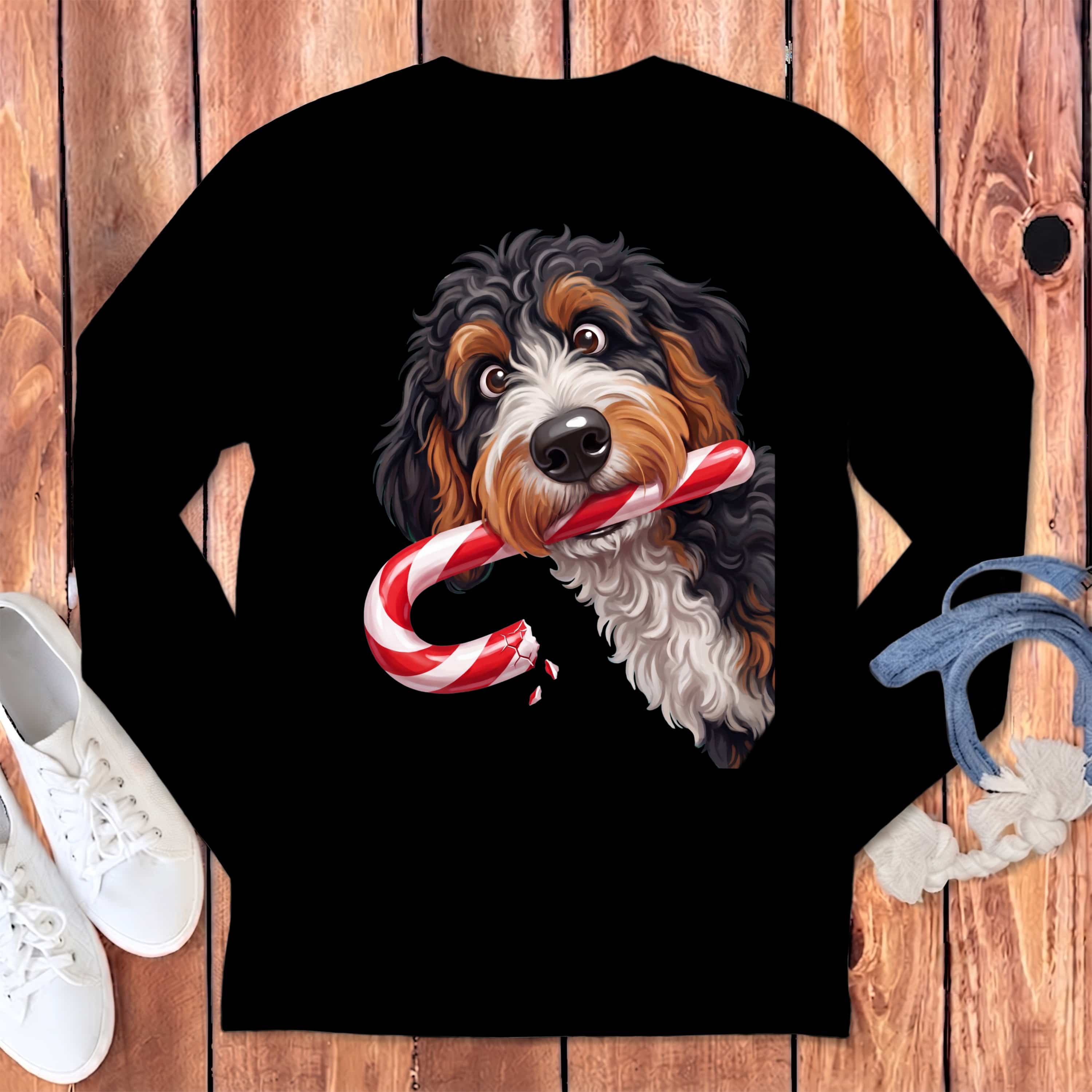 Bernedoodle Candy Cane Thief Long Sleeve T-Shirt in Black / S by Puppy Jo
