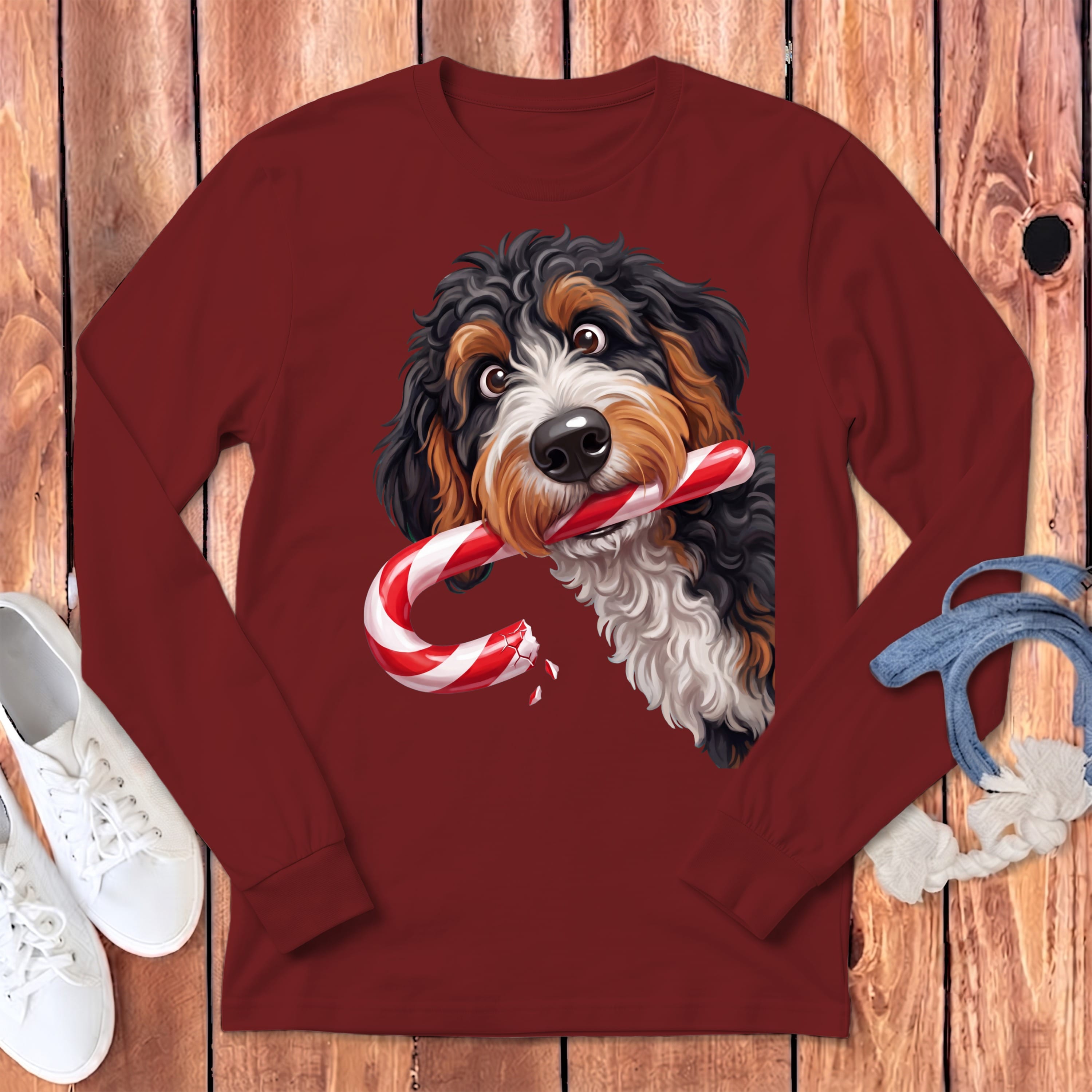 Bernedoodle Candy Cane Thief Long Sleeve T-Shirt in Cardinal / S by Puppy Jo