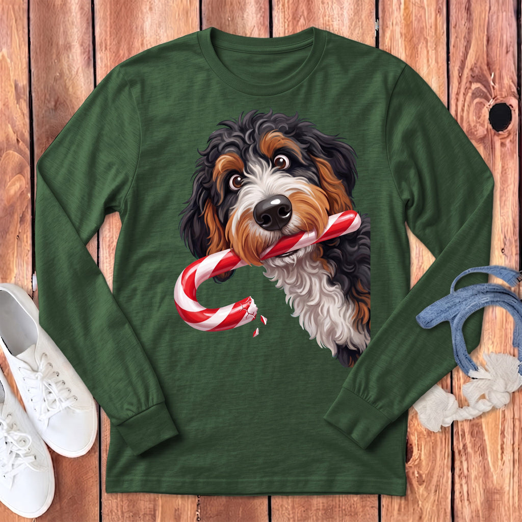 Bernedoodle Candy Cane Thief Long Sleeve T-Shirt in Heather Forest / S by Puppy Jo