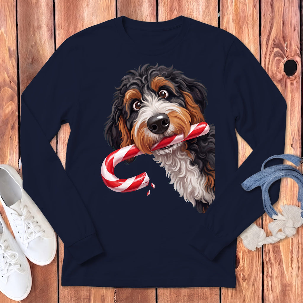 Bernedoodle Candy Cane Thief Long Sleeve T-Shirt in Navy / S by Puppy Jo
