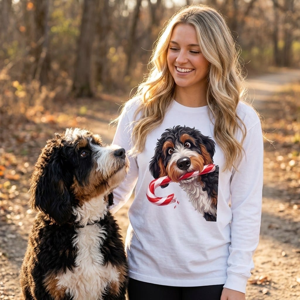 Bernedoodle Candy Cane Thief Long Sleeve T-Shirt in by Puppy Jo