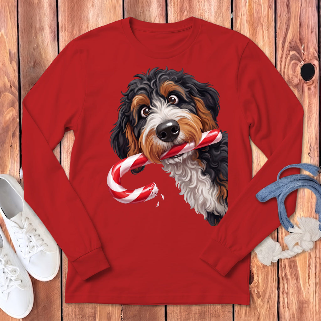 Bernedoodle Candy Cane Thief Long Sleeve T-Shirt in Red / S by Puppy Jo