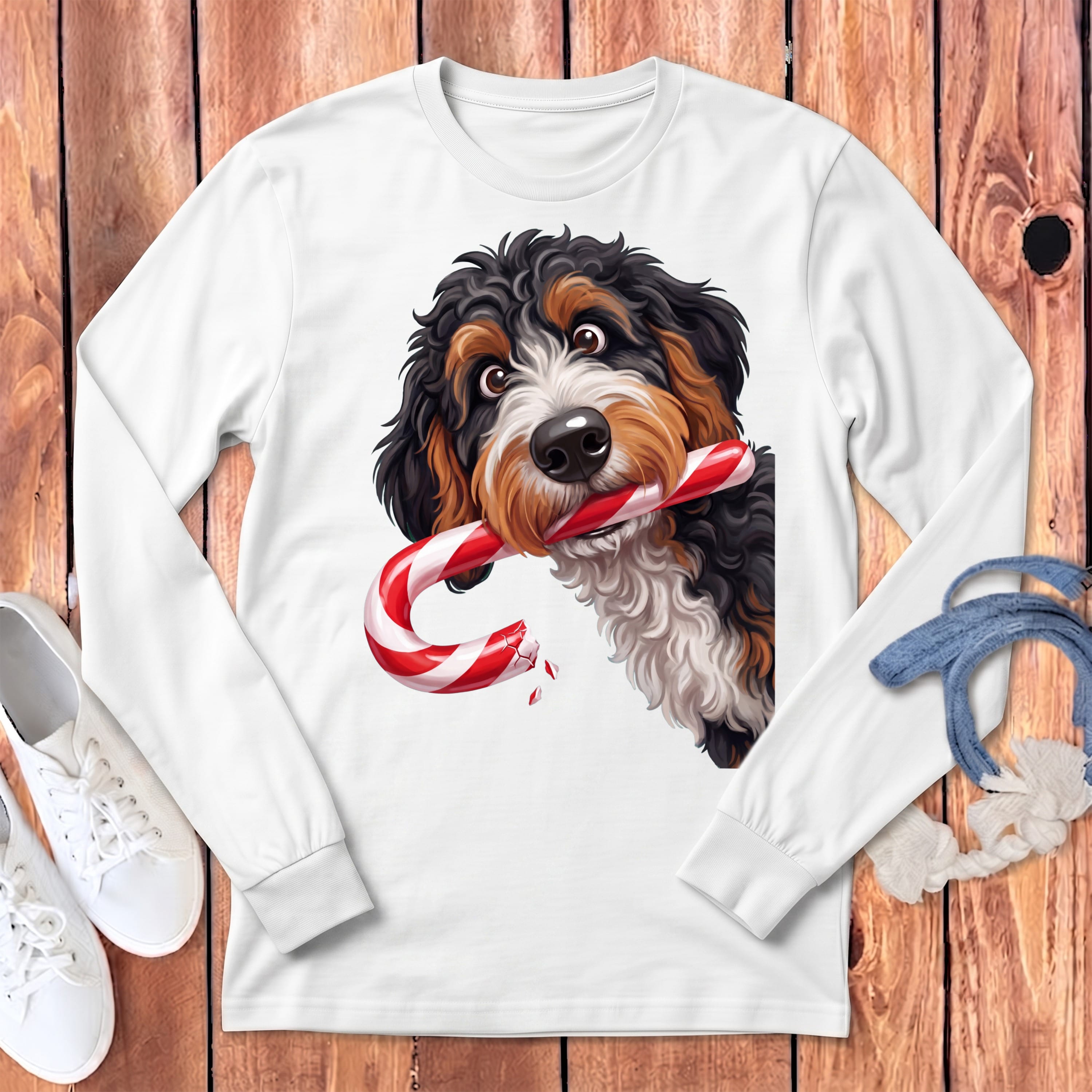 Bernedoodle Candy Cane Thief Long Sleeve T-Shirt in White / S by Puppy Jo