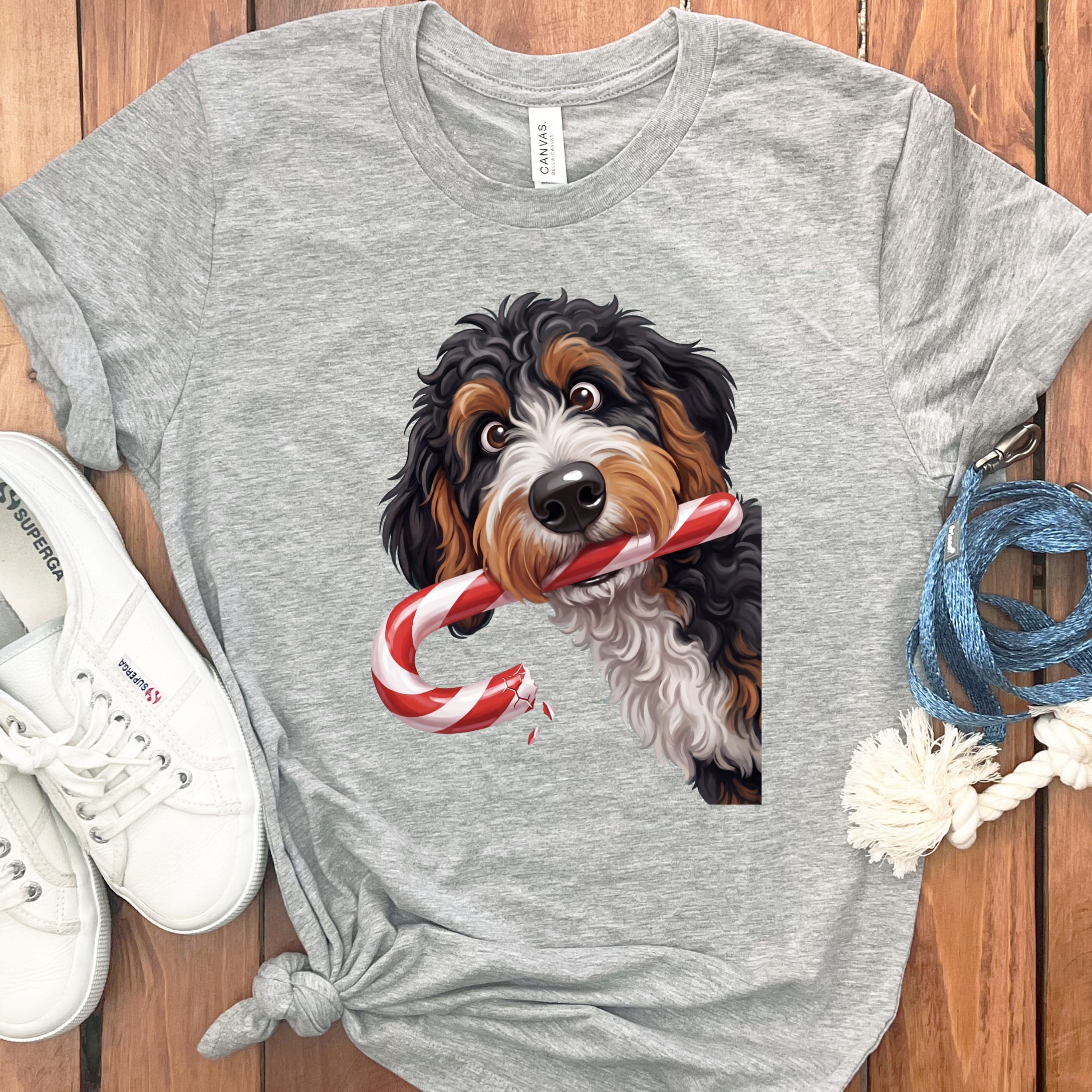 Bernedoodle Candy Cane Thief T-Shirt in Athletic Heather / S by Puppy Jo