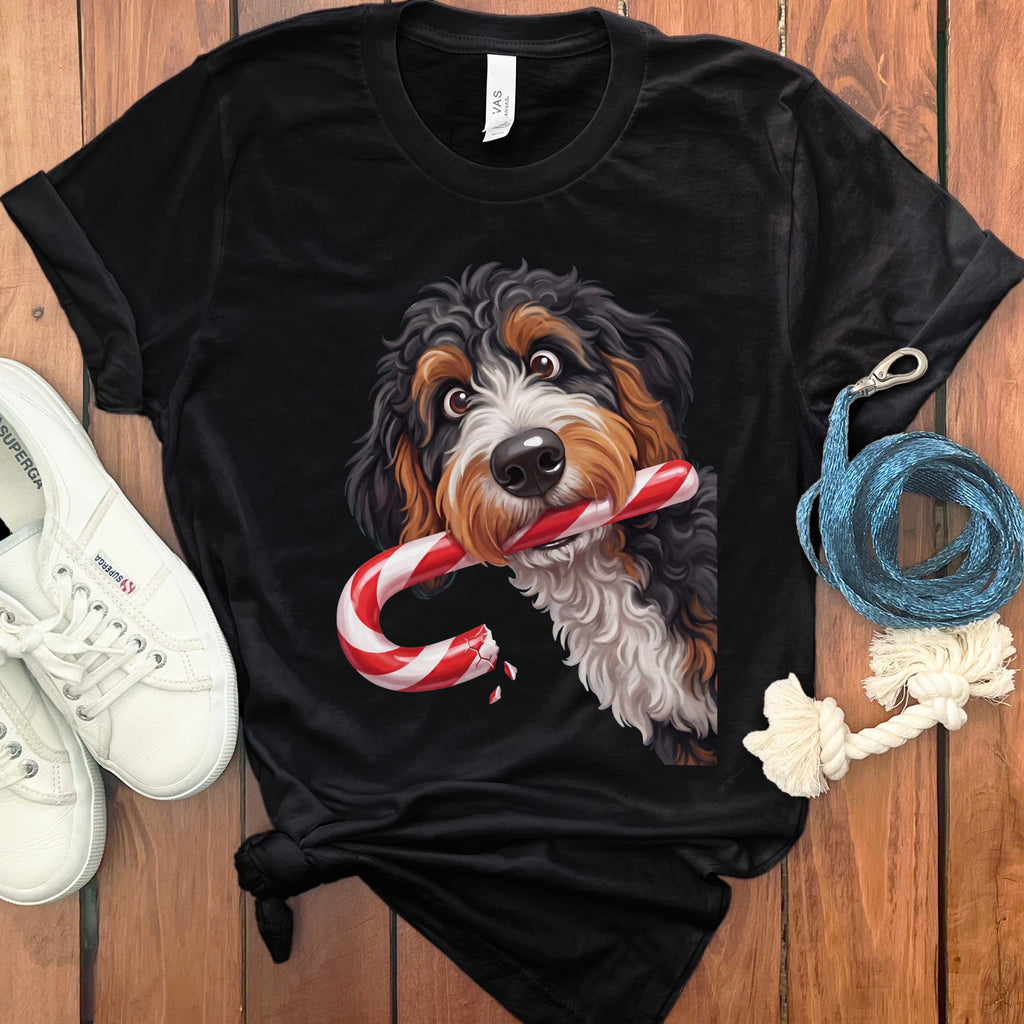 Bernedoodle Candy Cane Thief T-Shirt in Black / S by Puppy Jo