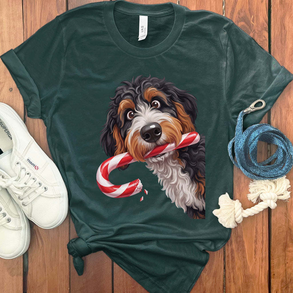 Bernedoodle Candy Cane Thief T-Shirt in Forest / S by Puppy Jo