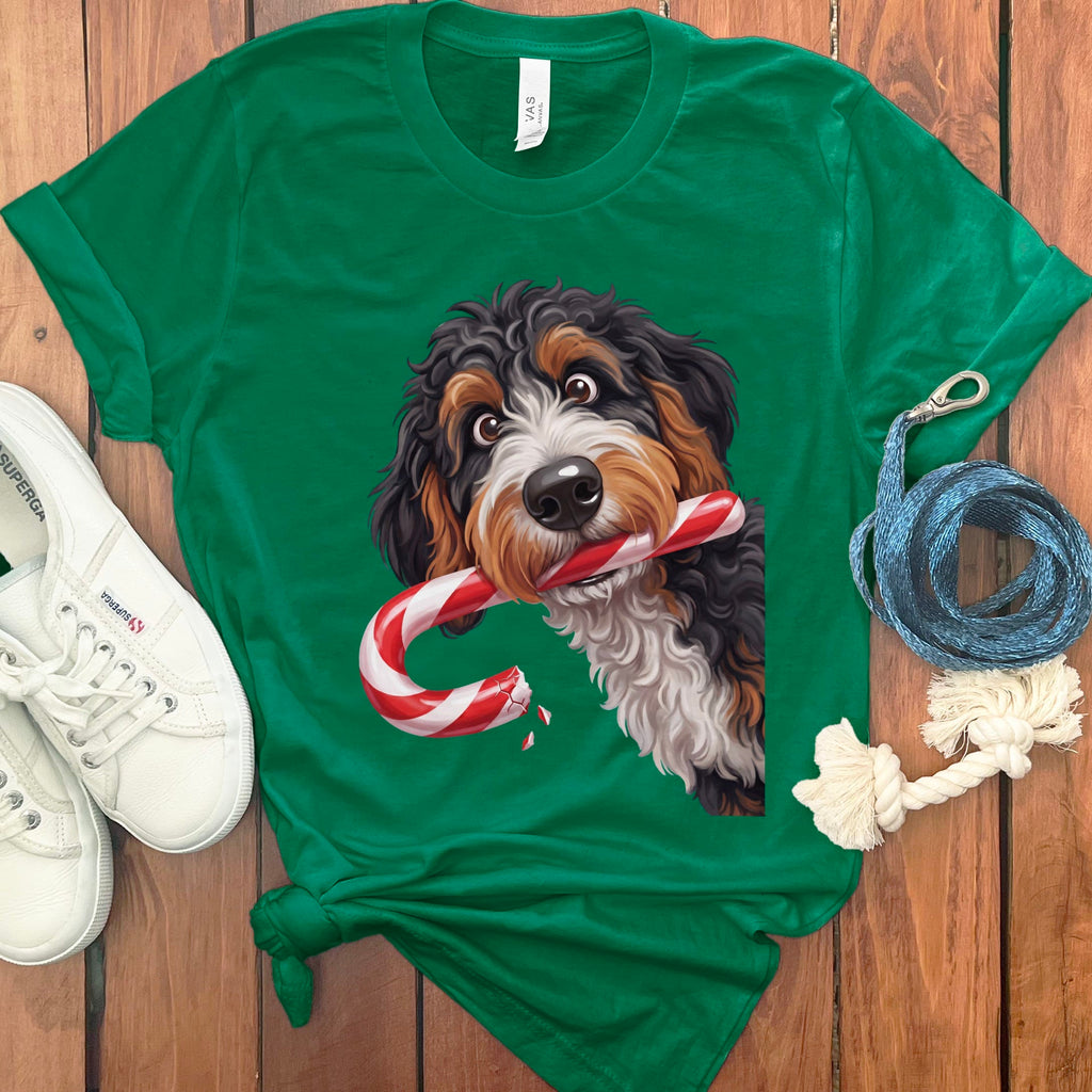 Bernedoodle Candy Cane Thief T-Shirt in Kelly / S by Puppy Jo