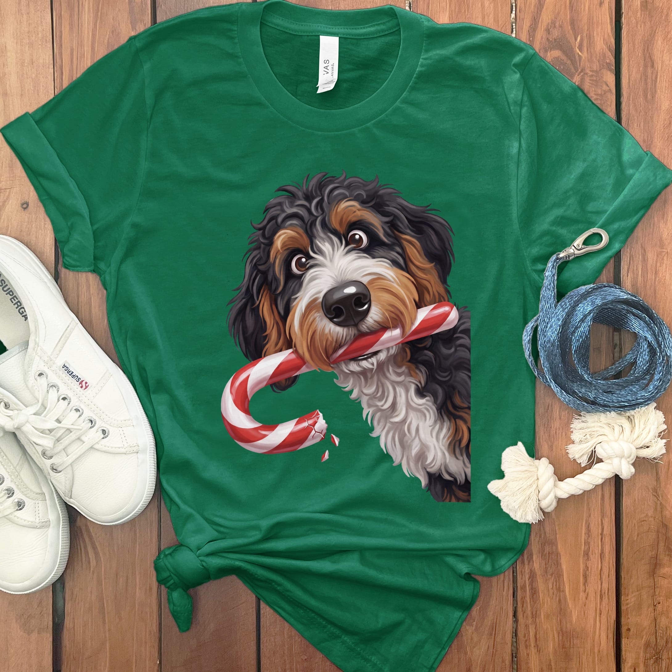 Bernedoodle Candy Cane Thief T-Shirt in Kelly / S by Puppy Jo