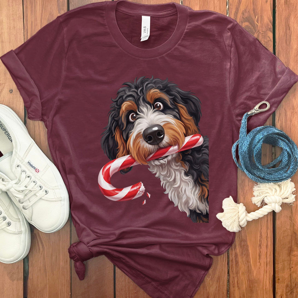 Bernedoodle Candy Cane Thief T-Shirt in Maroon / S by Puppy Jo