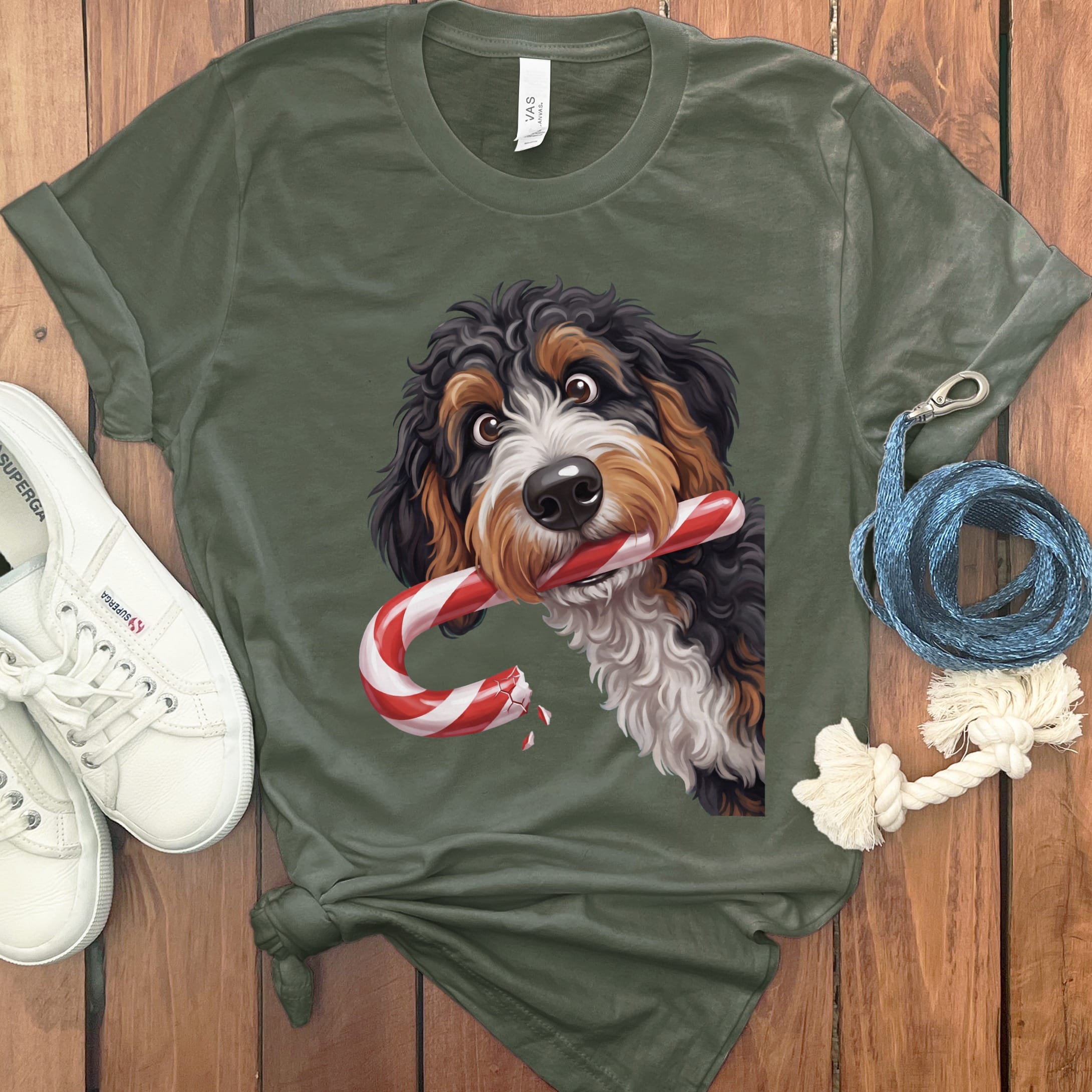 Bernedoodle Candy Cane Thief T-Shirt in Military Green / S by Puppy Jo