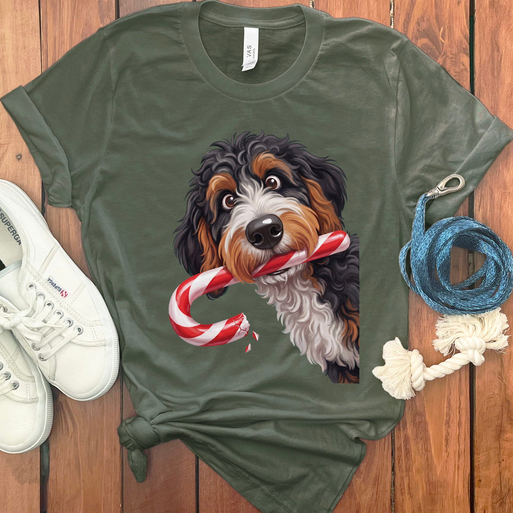 Bernedoodle Candy Cane Thief T-Shirt in Military Green / S by Puppy Jo