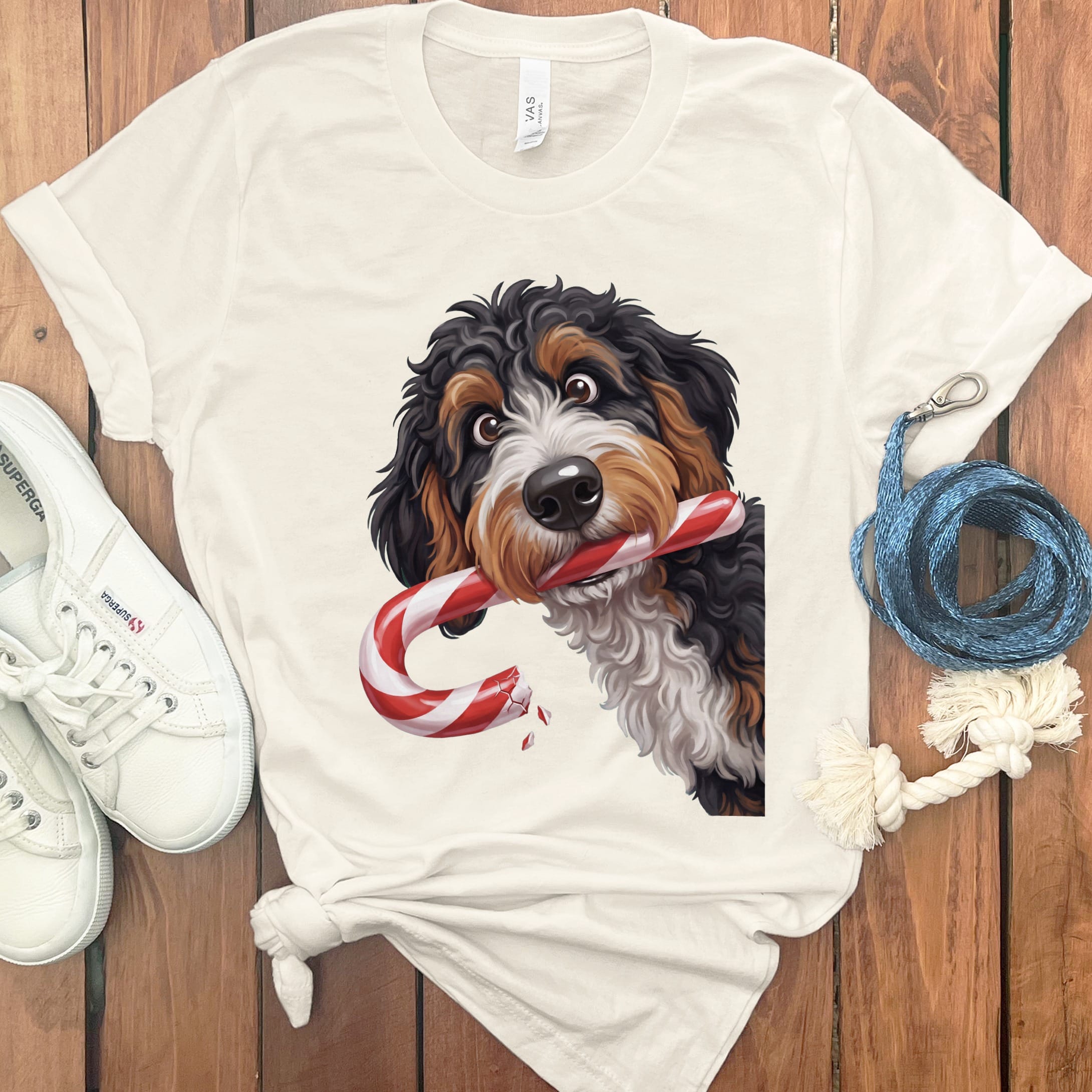 Bernedoodle Candy Cane Thief T-Shirt in Natural / S by Puppy Jo