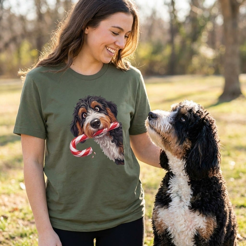 Bernedoodle Candy Cane Thief T-Shirt in by Puppy Jo