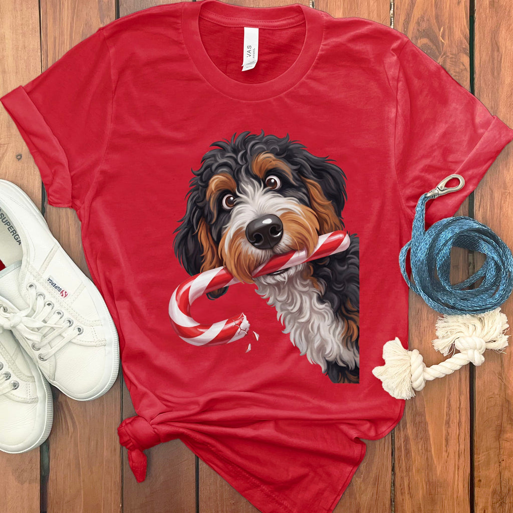 Bernedoodle Candy Cane Thief T-Shirt in Red / S by Puppy Jo