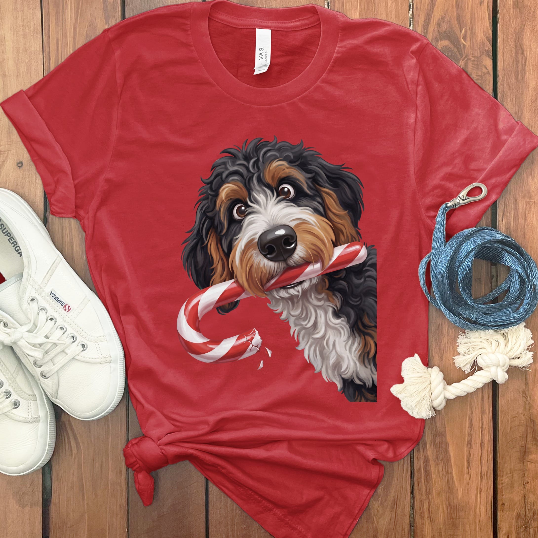 Bernedoodle Candy Cane Thief T-Shirt in Red / S by Puppy Jo