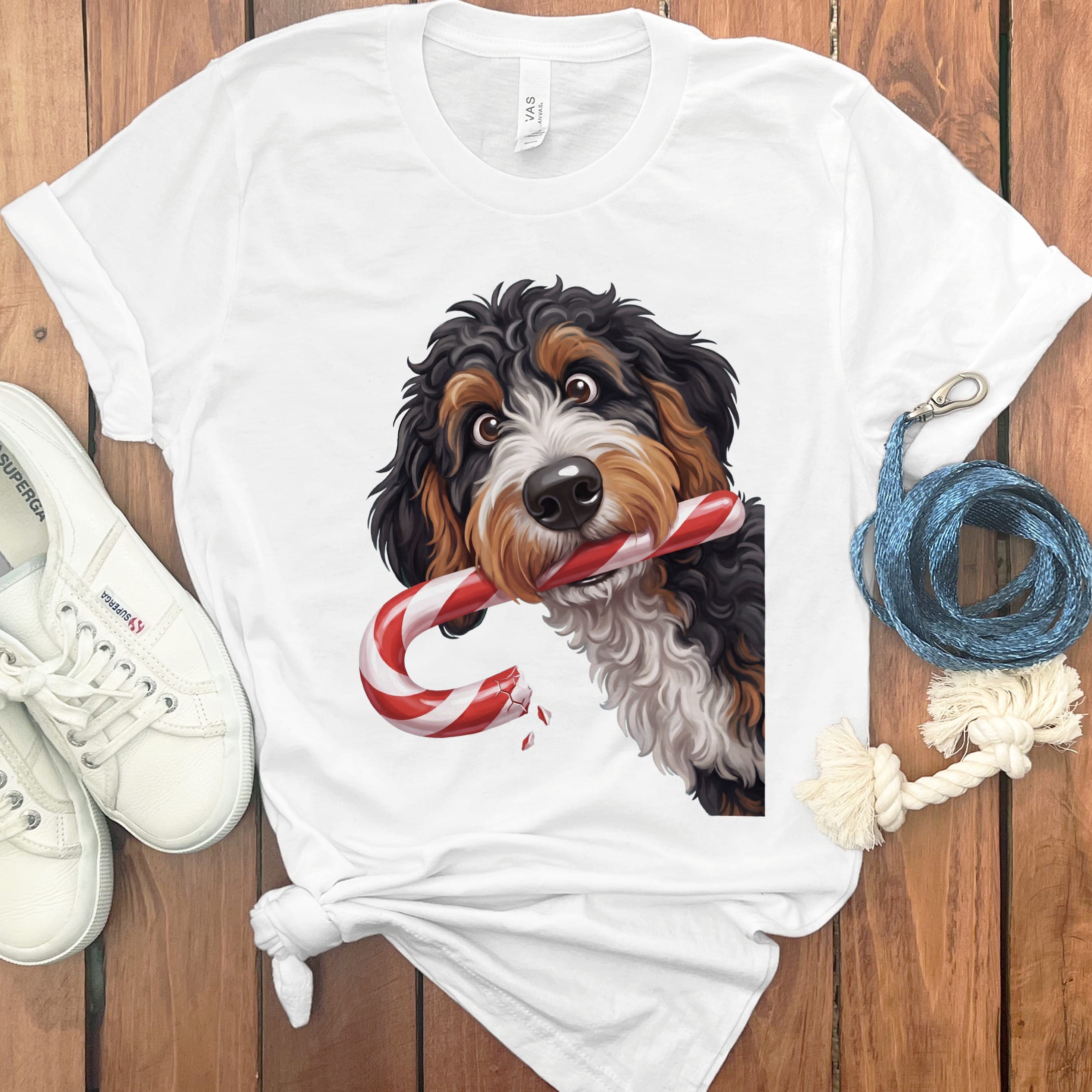 Bernedoodle Candy Cane Thief T-Shirt in White / S by Puppy Jo