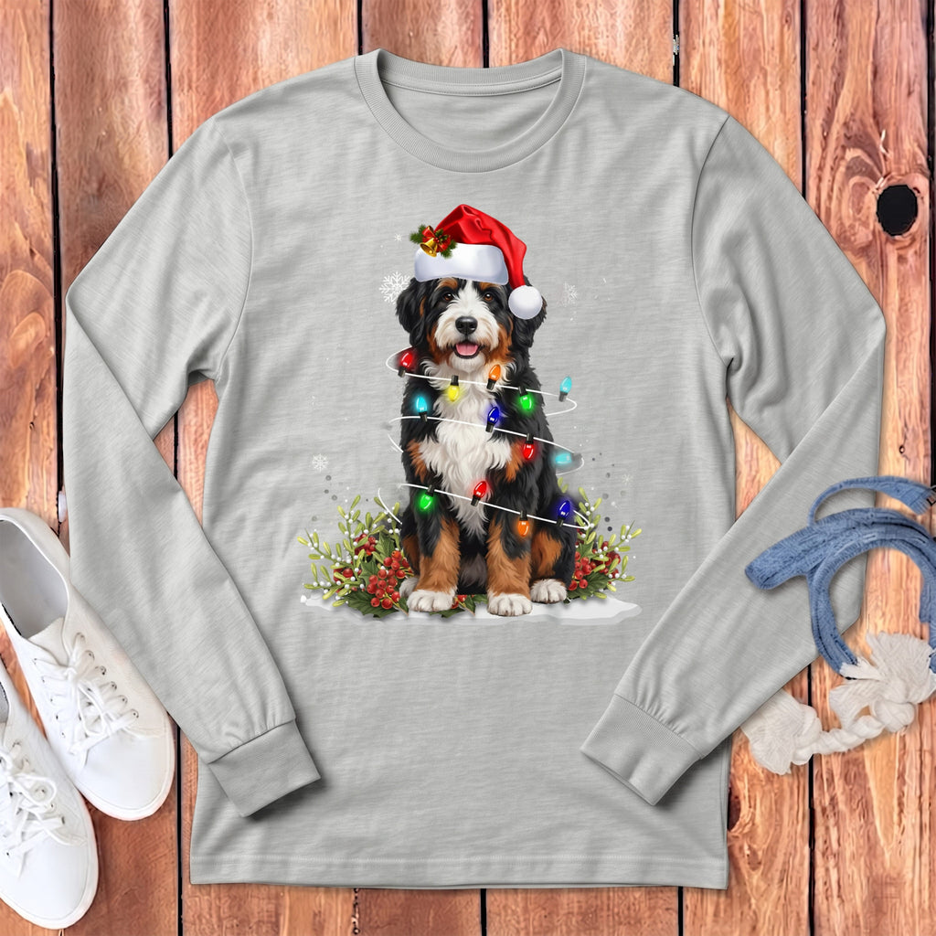 Bernedoodle Christmas Light Long Sleeve T-Shirt in Athletic Heather / S by Puppy Jo