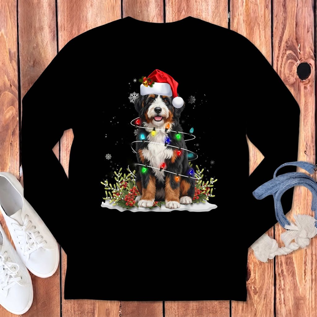 Bernedoodle Christmas Light Long Sleeve T-Shirt in Black / S by Puppy Jo