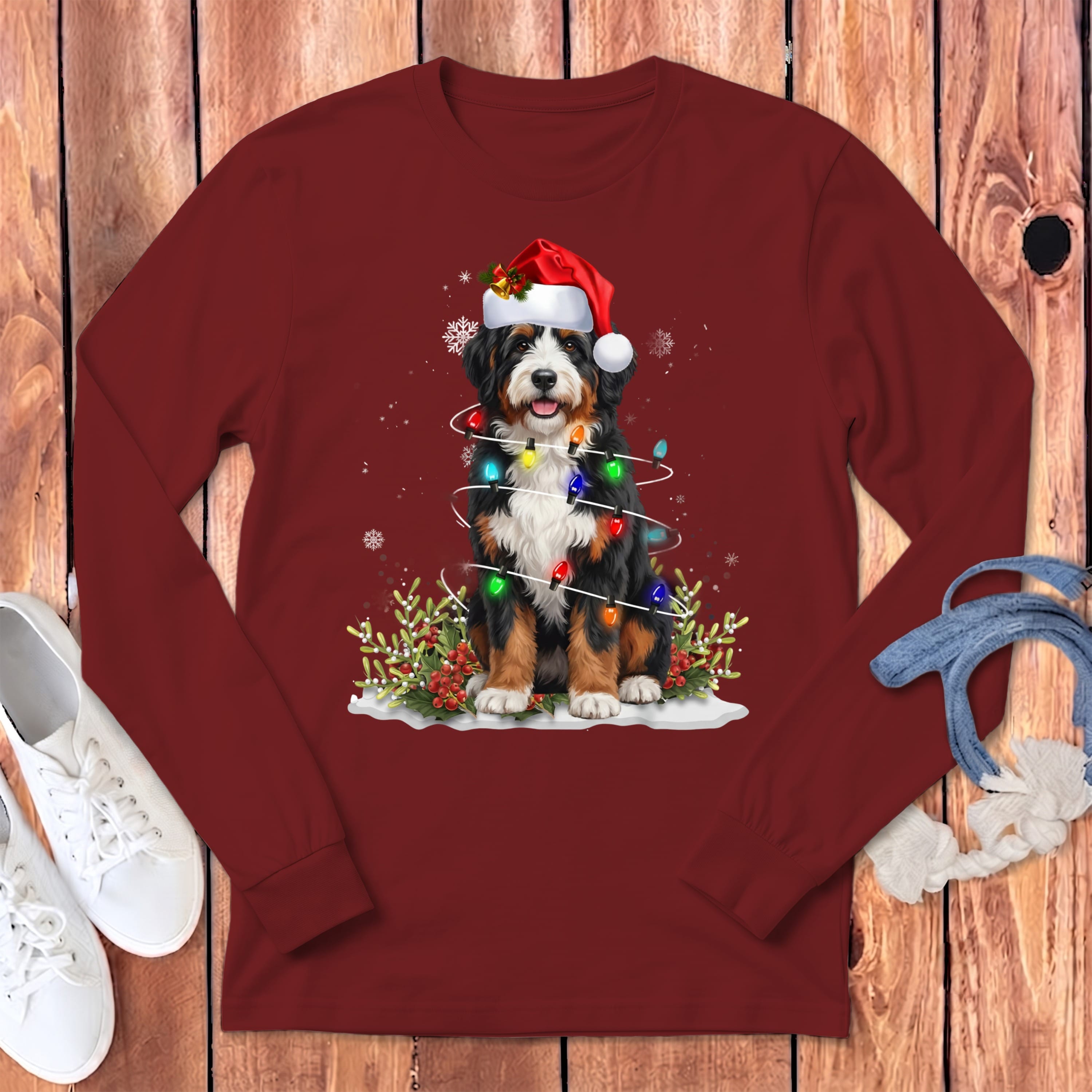 Bernedoodle Christmas Light Long Sleeve T-Shirt in Cardinal / S by Puppy Jo