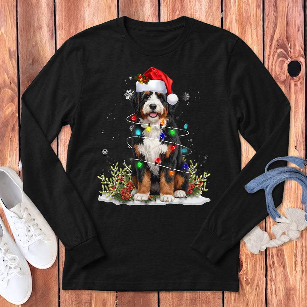 Bernedoodle Christmas Light Long Sleeve T-Shirt in Dark Grey Heather / S by Puppy Jo