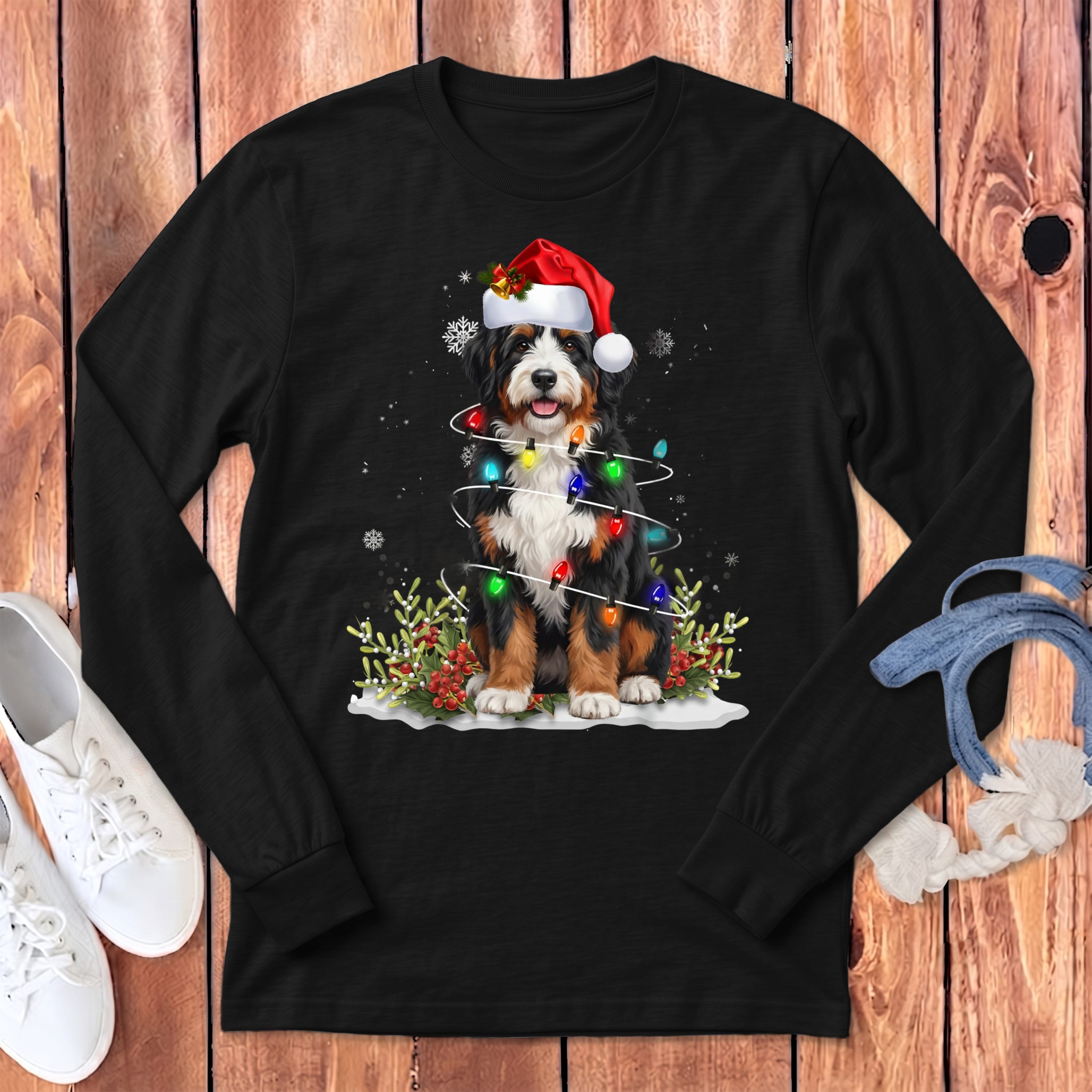 Bernedoodle Christmas Light Long Sleeve T-Shirt in Dark Grey Heather / S by Puppy Jo