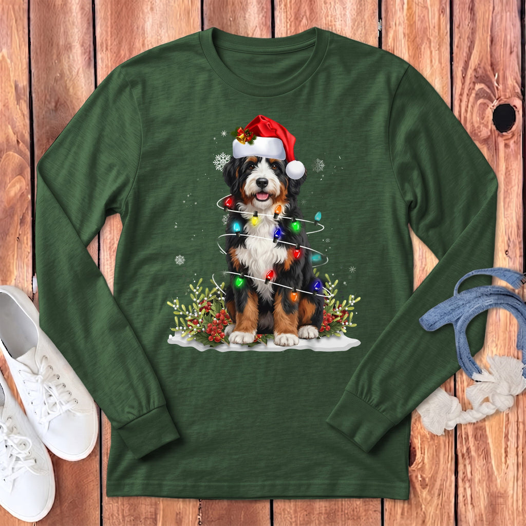 Bernedoodle Christmas Light Long Sleeve T-Shirt in Heather Forest / S by Puppy Jo