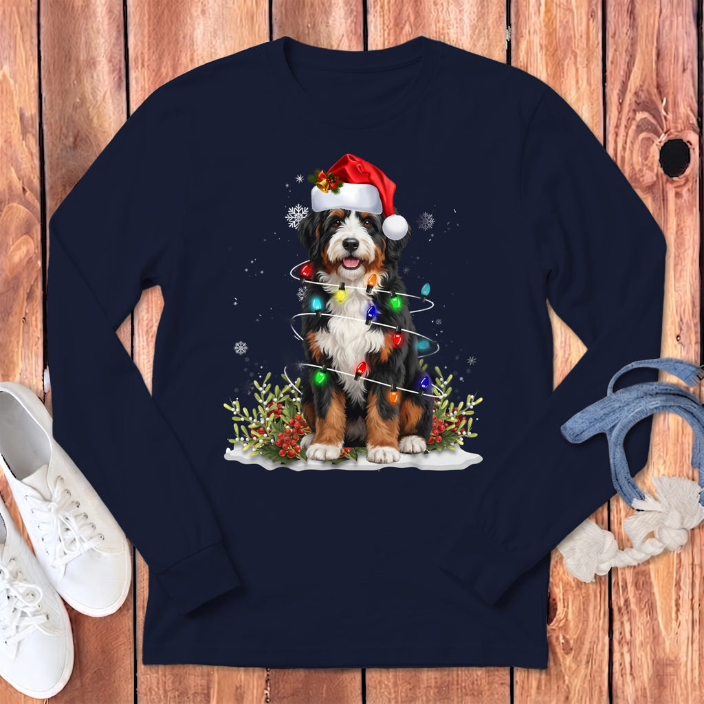 Bernedoodle Christmas Light Long Sleeve T-Shirt in Navy / S by Puppy Jo