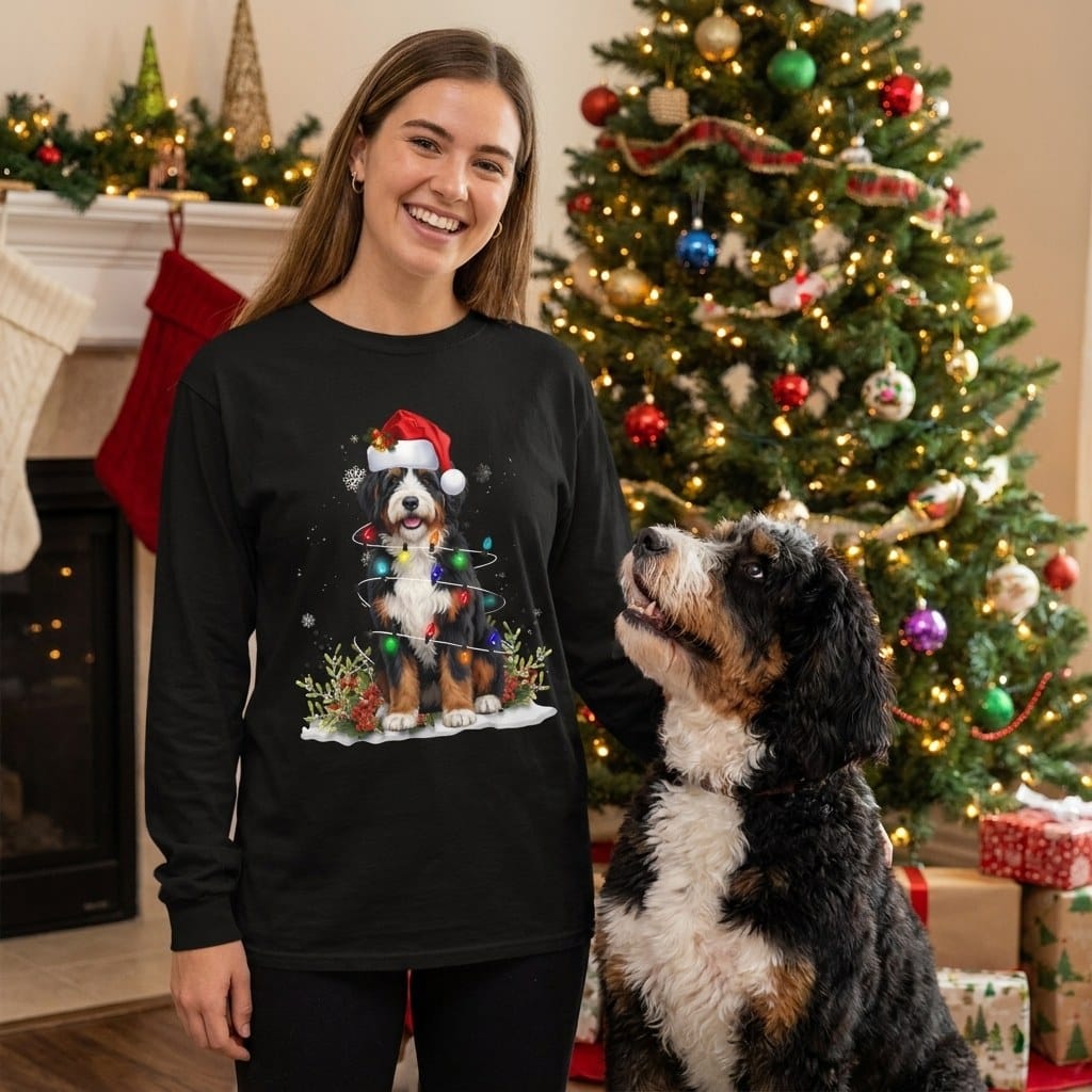 Bernedoodle Christmas Light Long Sleeve T-Shirt in by Puppy Jo