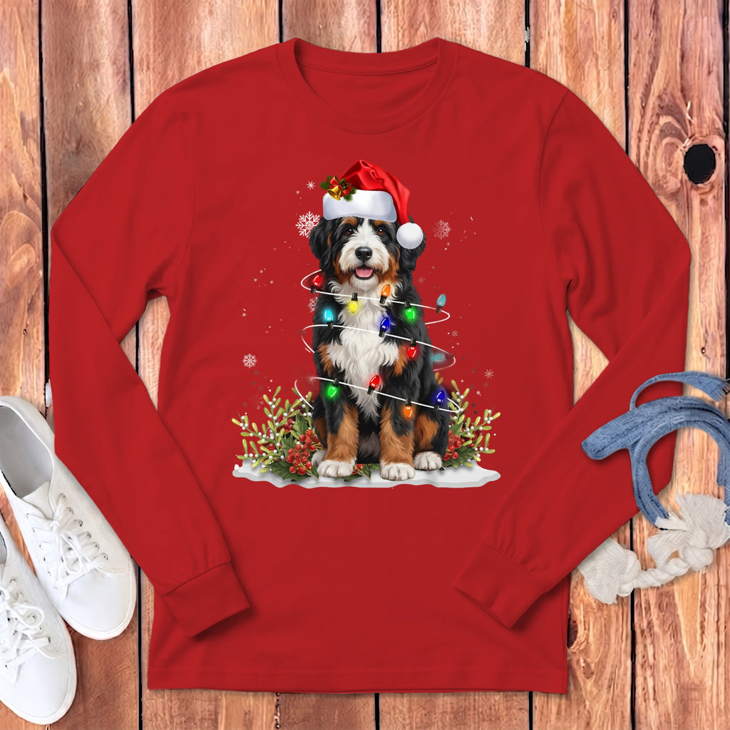Bernedoodle Christmas Light Long Sleeve T-Shirt in Red / S by Puppy Jo