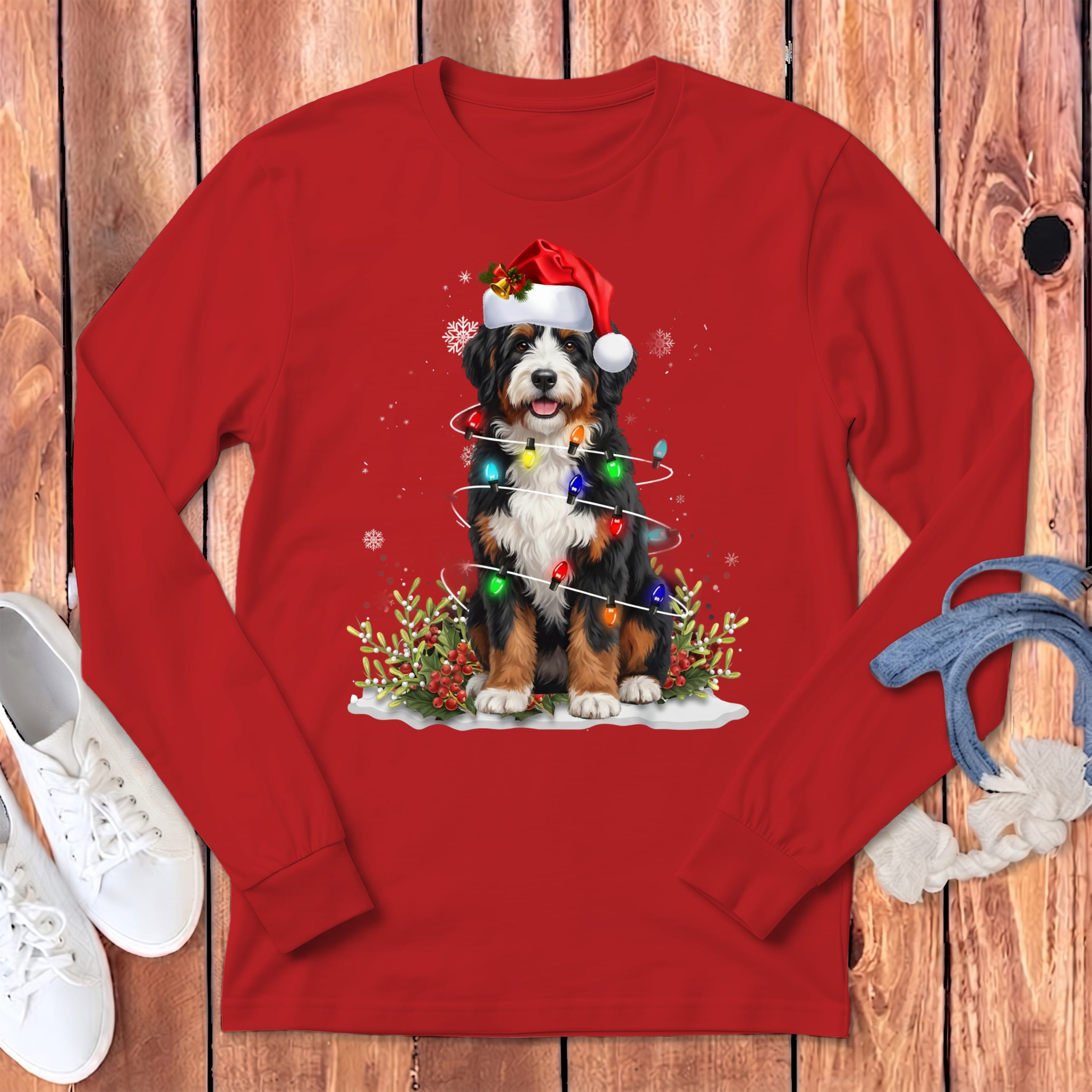 Bernedoodle Christmas Light Long Sleeve T-Shirt in Red / S by Puppy Jo