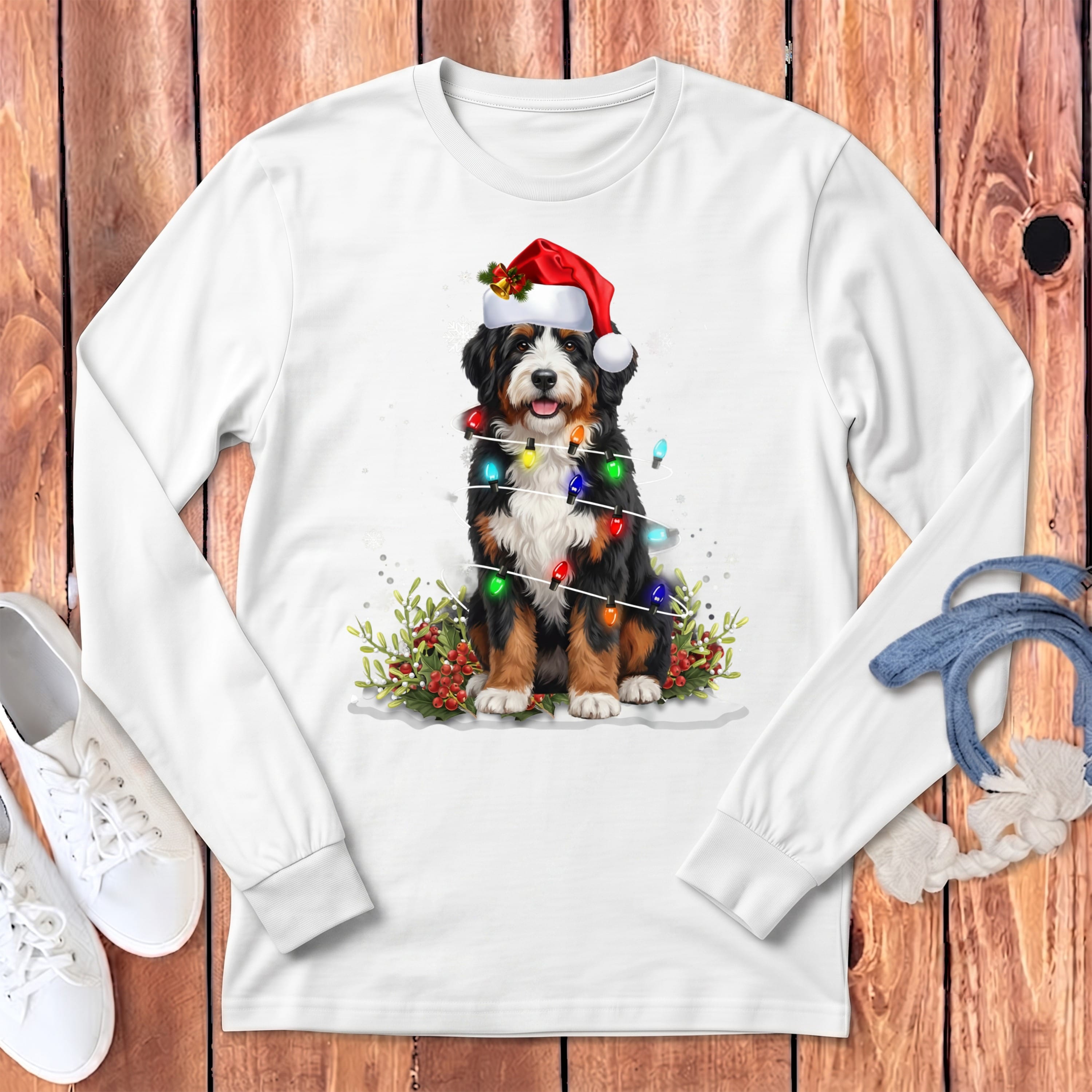 Bernedoodle Christmas Light Long Sleeve T-Shirt in White / S by Puppy Jo