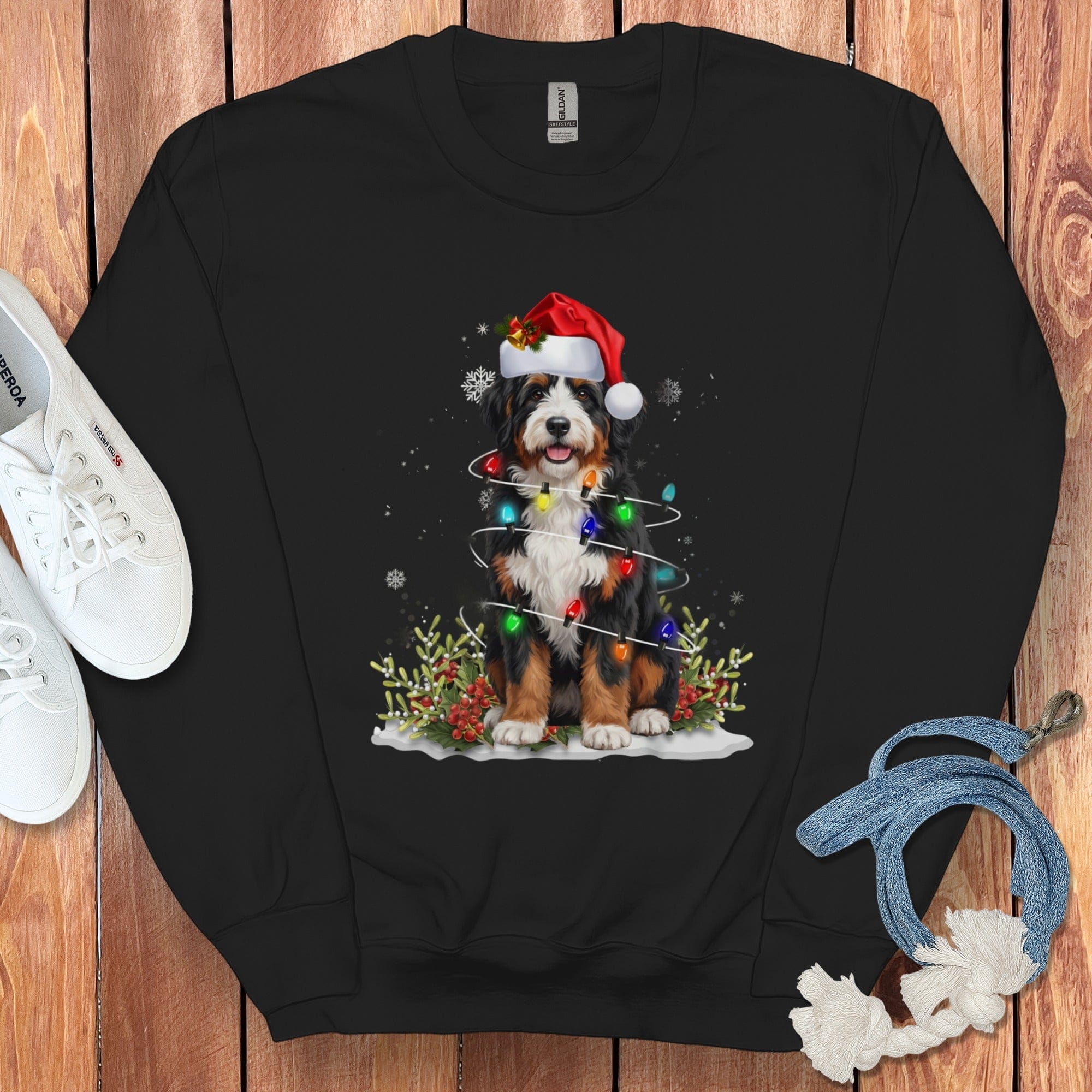 Bernedoodle Christmas Light Sweatshirt in Black / S by Puppy Jo