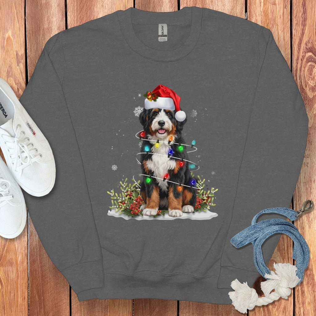 Bernedoodle Christmas Light Sweatshirt in Dark Heather / S by Puppy Jo