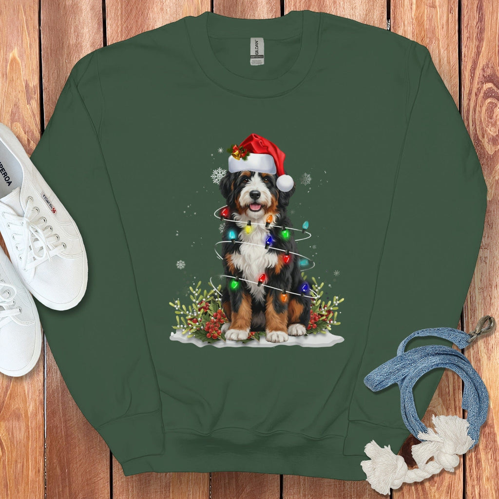 Bernedoodle Christmas Light Sweatshirt in Forest Green / S by Puppy Jo