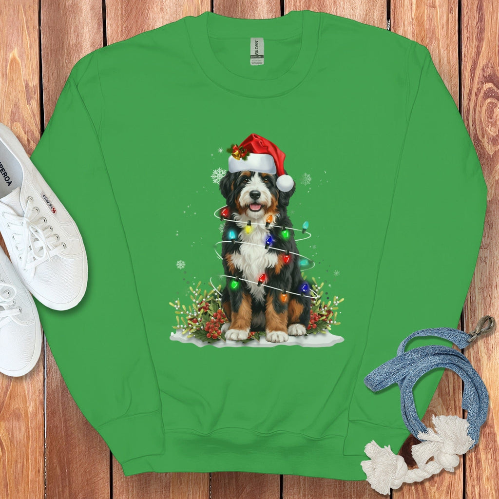 Bernedoodle Christmas Light Sweatshirt in Irish Green / S by Puppy Jo