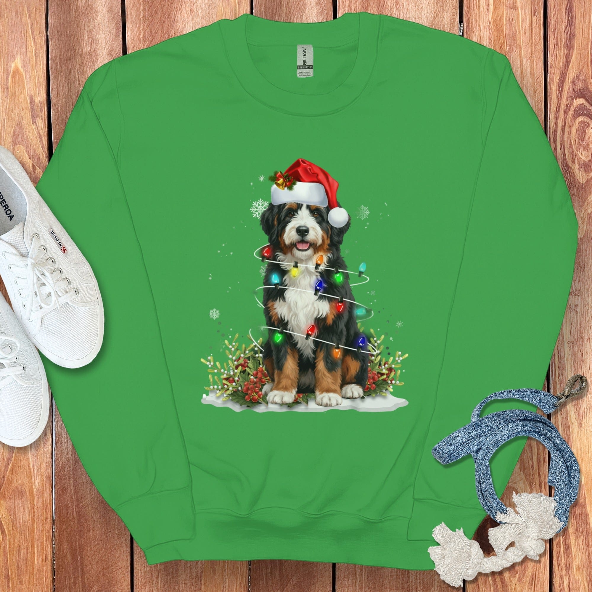 Bernedoodle Christmas Light Sweatshirt in Irish Green / S by Puppy Jo