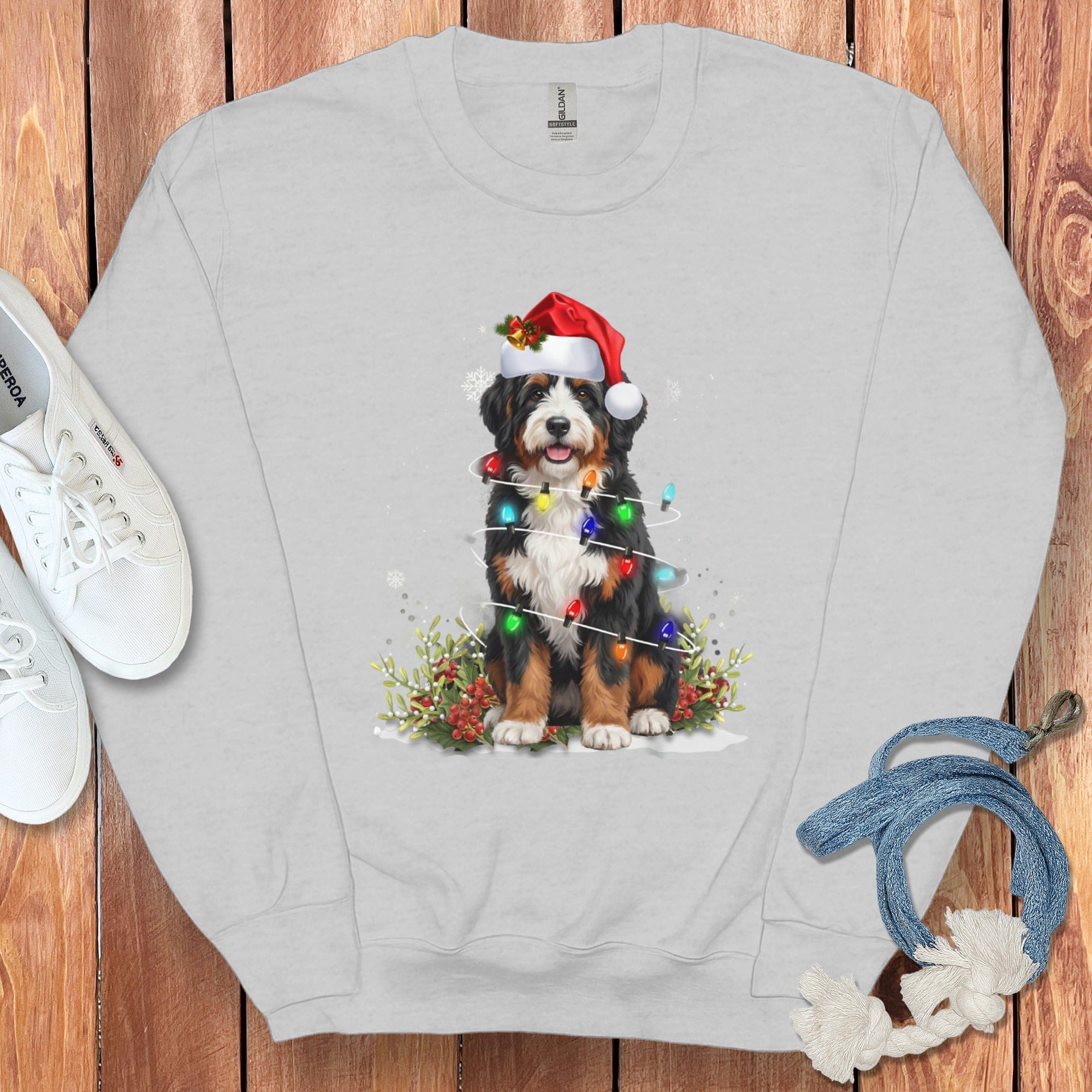 Bernedoodle Christmas Light Sweatshirt in Sport Grey / S by Puppy Jo