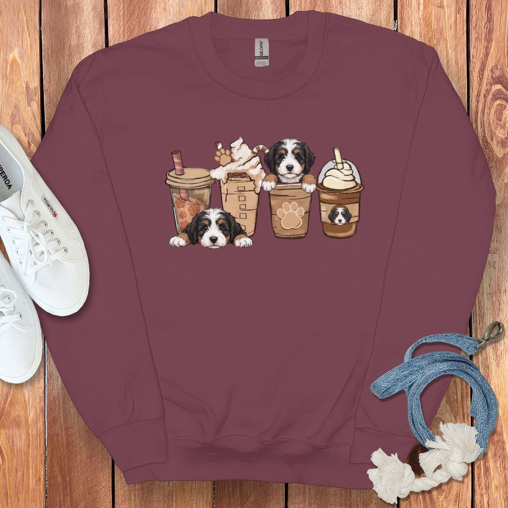 Bernedoodle Coffee Sweatshirt in Maroon / S by Puppy Jo