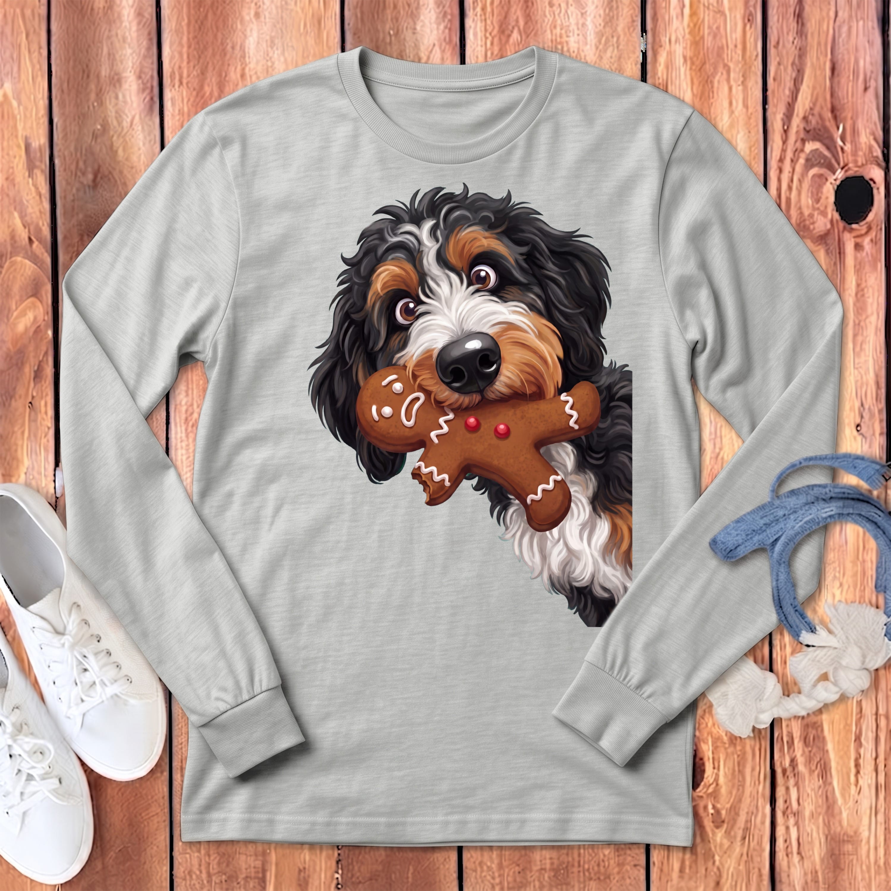 Bernedoodle Cookie Thief Long Sleeve T-Shirt in S / Athletic Heather by Puppy Jo