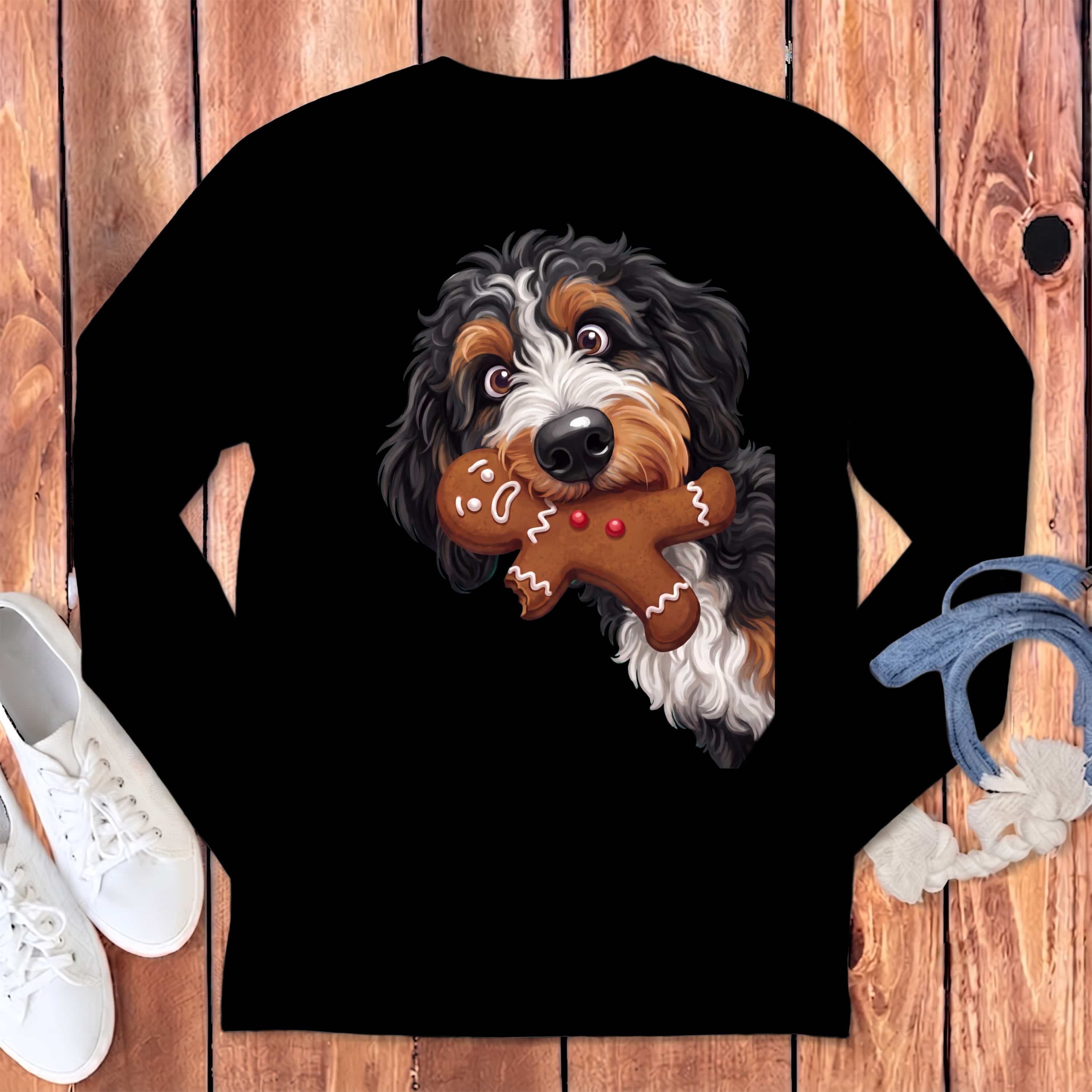 Bernedoodle Cookie Thief Long Sleeve T-Shirt in S / Black by Puppy Jo