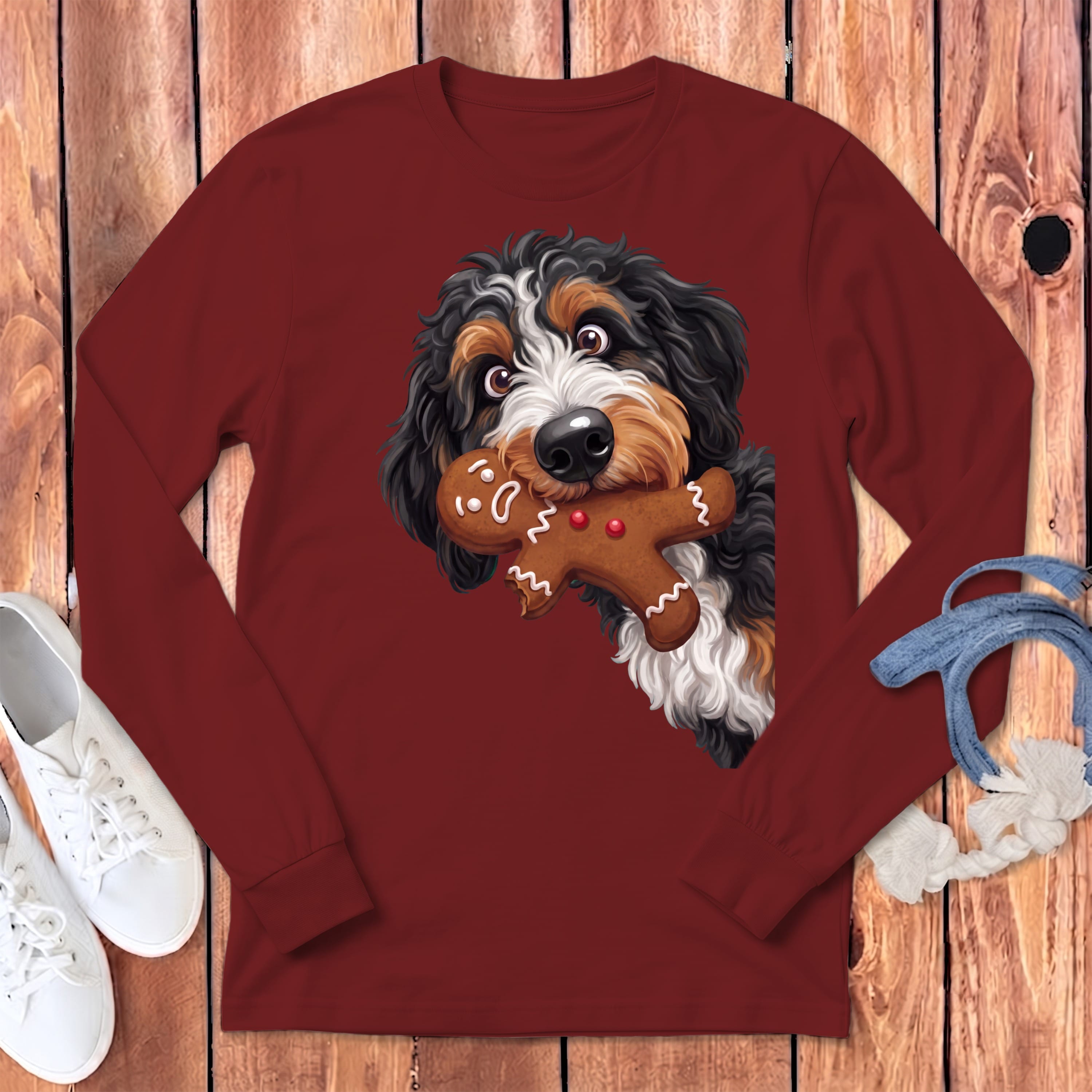 Bernedoodle Cookie Thief Long Sleeve T-Shirt in S / Cardinal by Puppy Jo