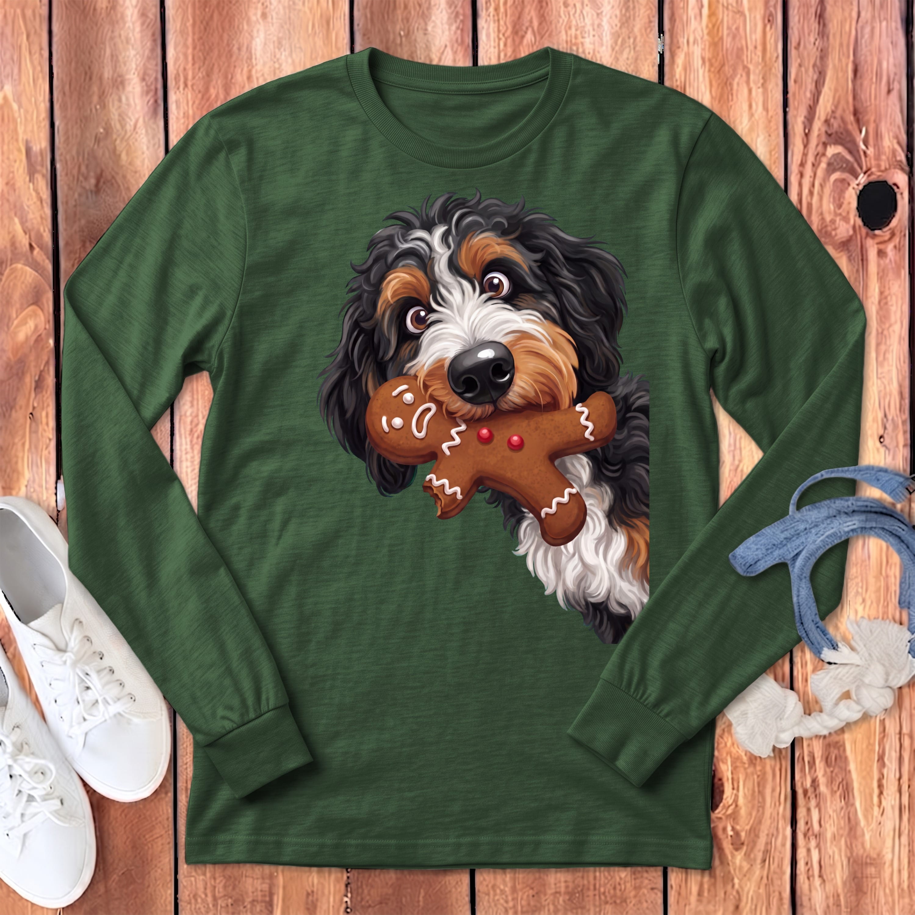 Bernedoodle Cookie Thief Long Sleeve T-Shirt in S / Heather Forest by Puppy Jo