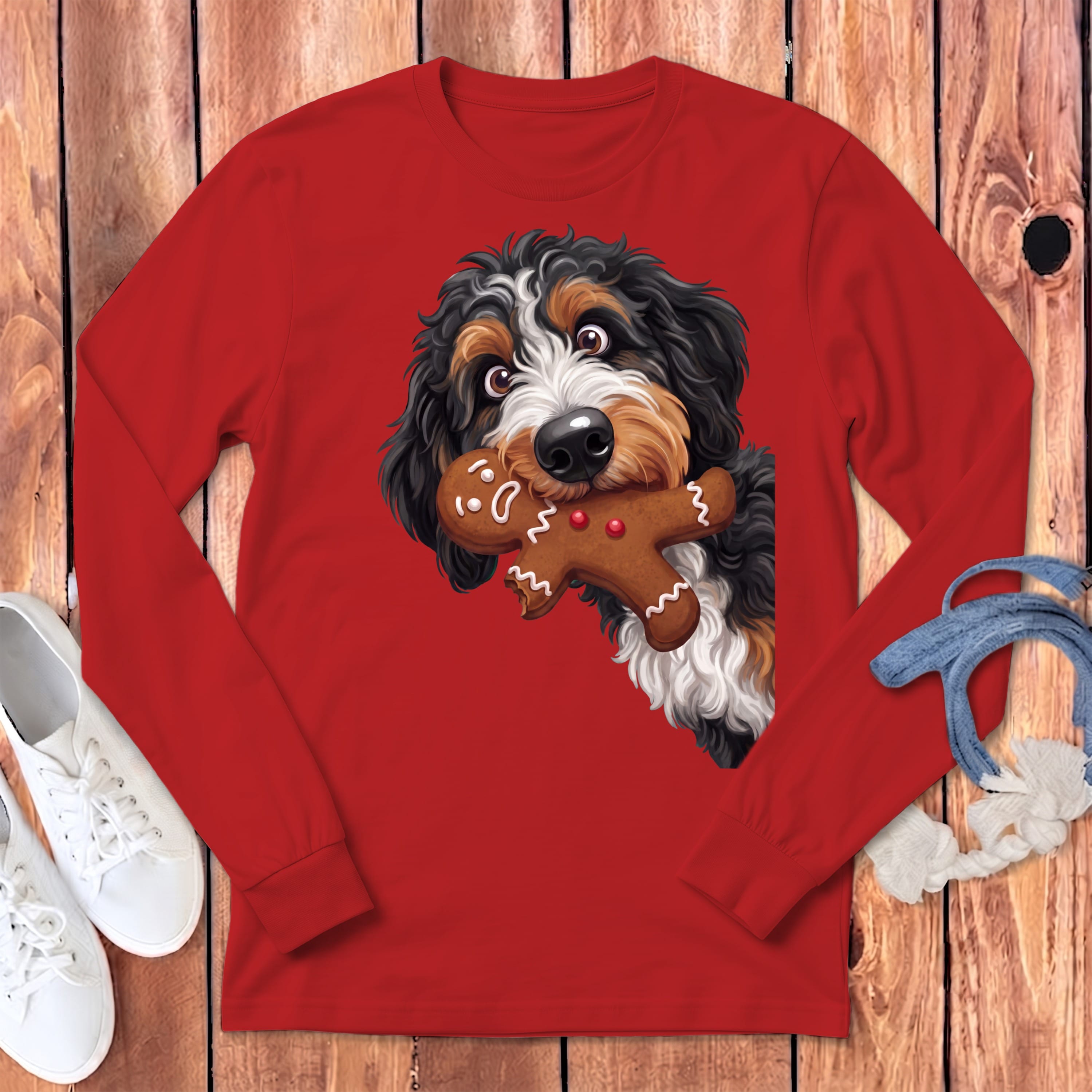 Bernedoodle Cookie Thief Long Sleeve T-Shirt in S / Red by Puppy Jo