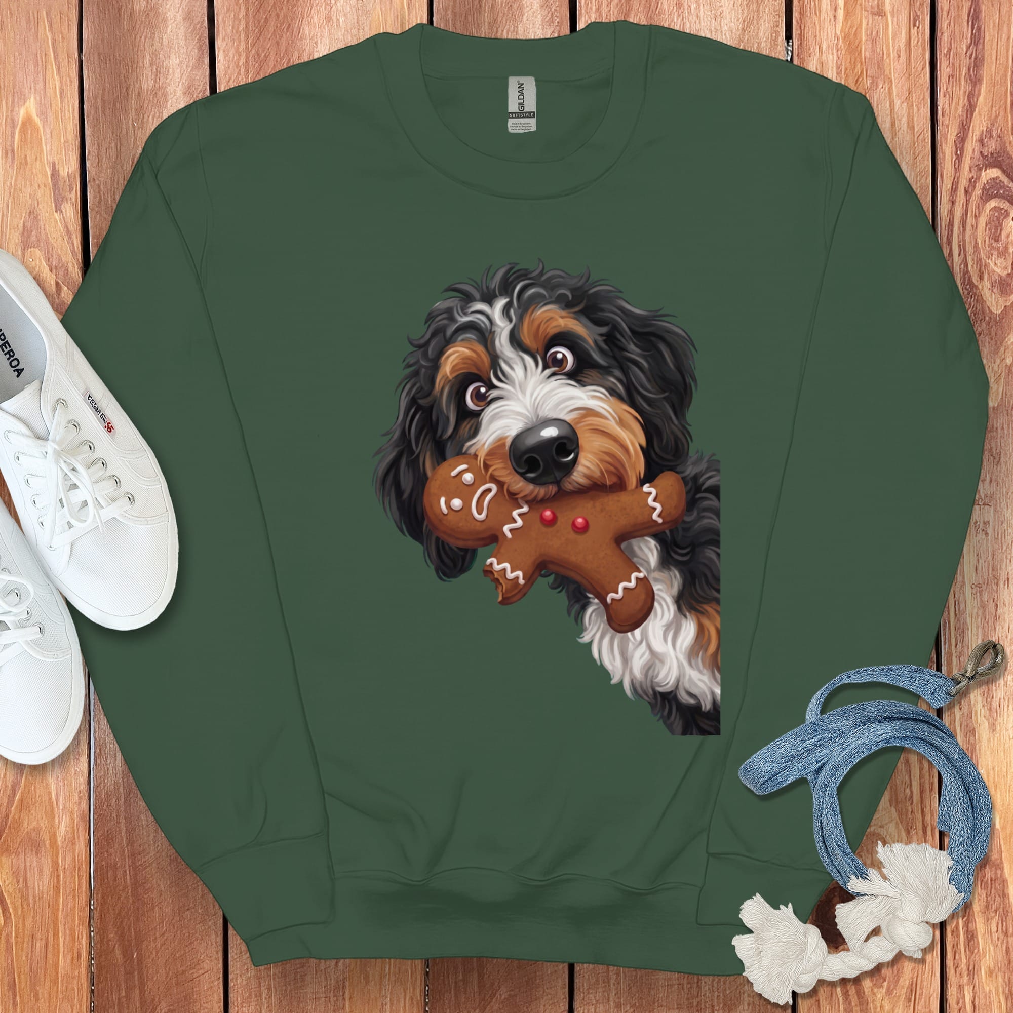 Bernedoodle Cookie Thief Sweatshirt in Forest Green / S by Puppy Jo