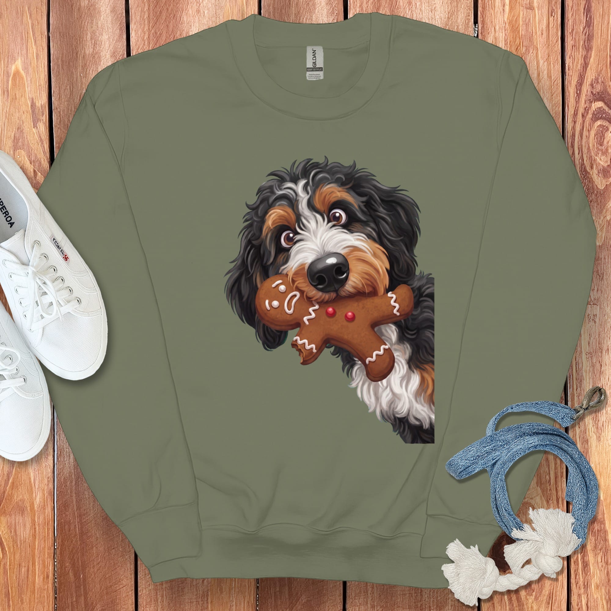 Bernedoodle Cookie Thief Sweatshirt in Military Green / S by Puppy Jo