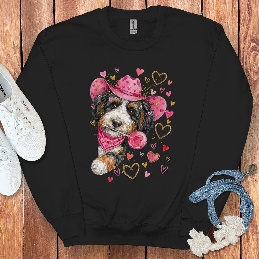 Bernedoodle Cowboy Valentine Sweatshirt in Black / S by Puppy Jo