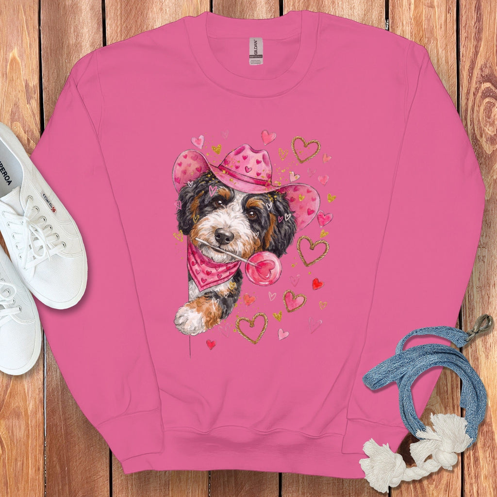 Bernedoodle Cowboy Valentine Sweatshirt in Heliconia / S by Puppy Jo