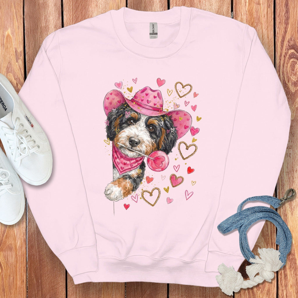 Bernedoodle Cowboy Valentine Sweatshirt in Light Pink / S by Puppy Jo